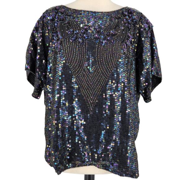 SALE Vintage Gudi 80s Sequined and Beaded Blouse Top - Picture 1 of 6